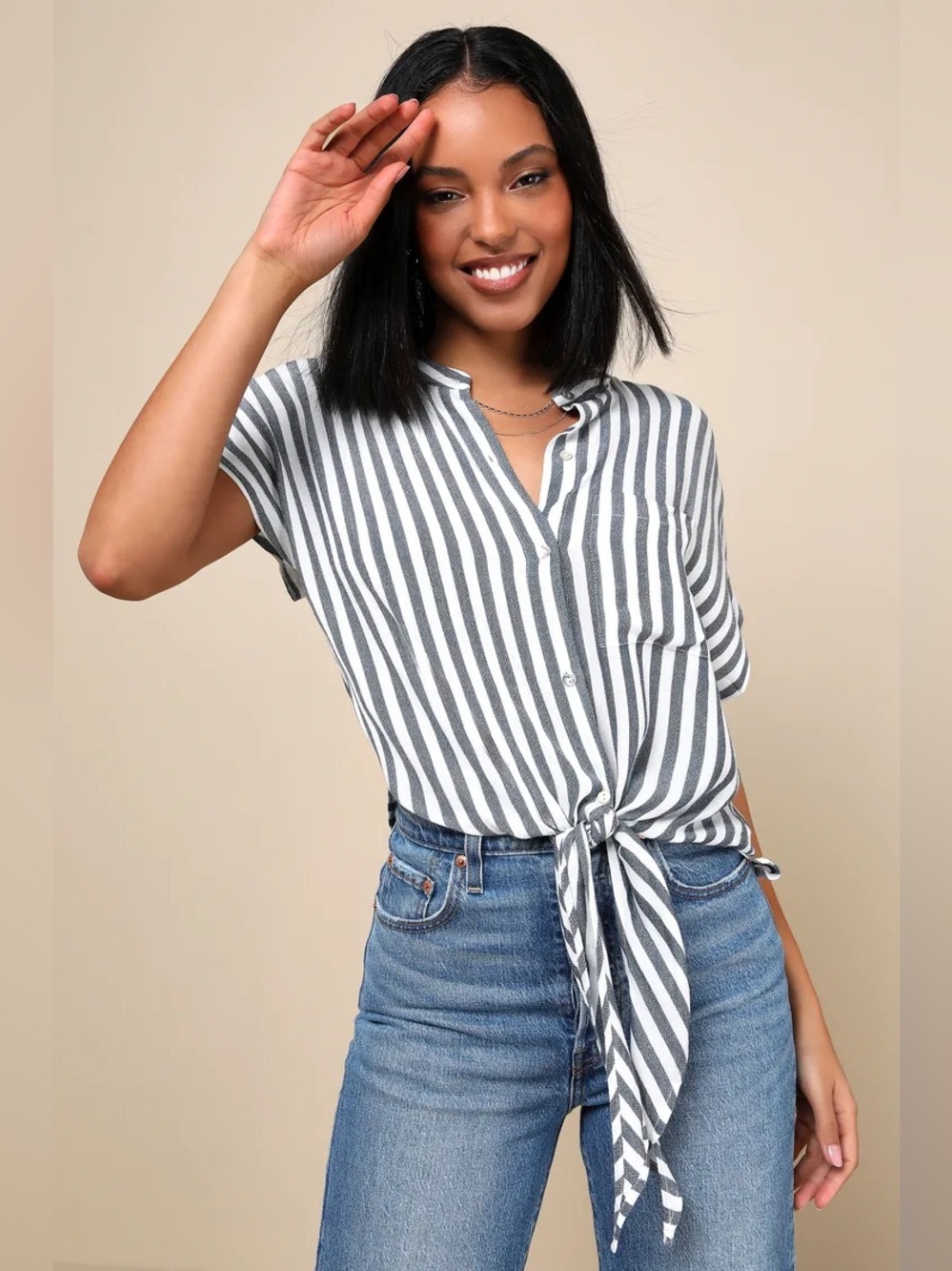 Lulu's Navy and White Striped Tie-Front Crop Top XS